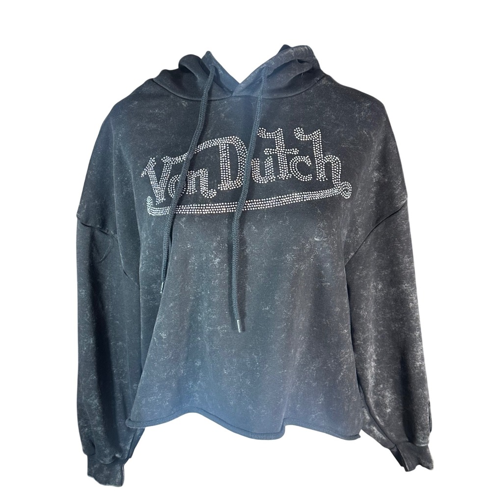 Von Dutch Hoodie Womens Medium Black Acid Wash Rhinestone Logo Cropped Pullover